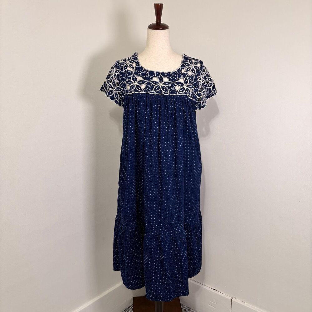 Vintage 70s Navy Blue Polka Dot Babydoll Dress OS